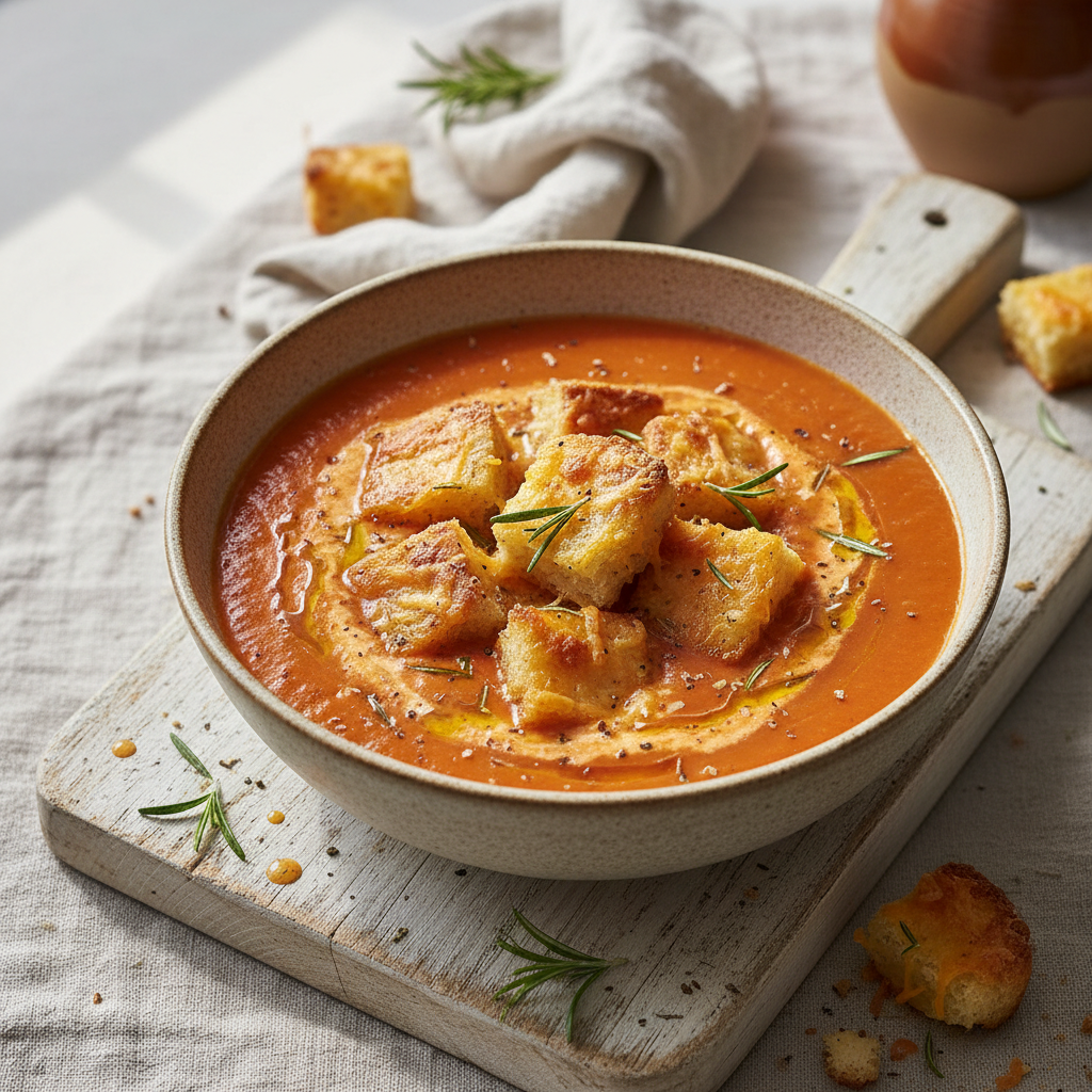 Cozy Tomato Soup with Cheesy Croutons