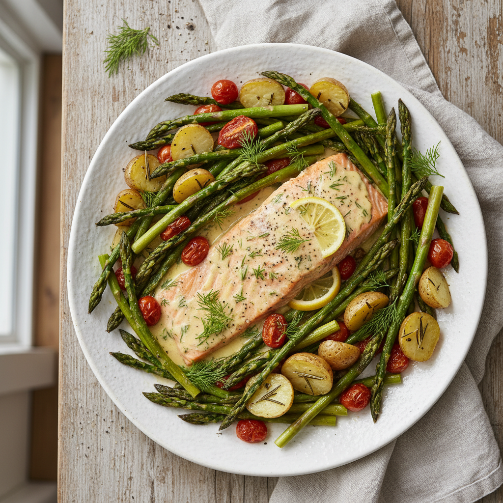 Creamy Lemon Dill Salmon Sheet Pan