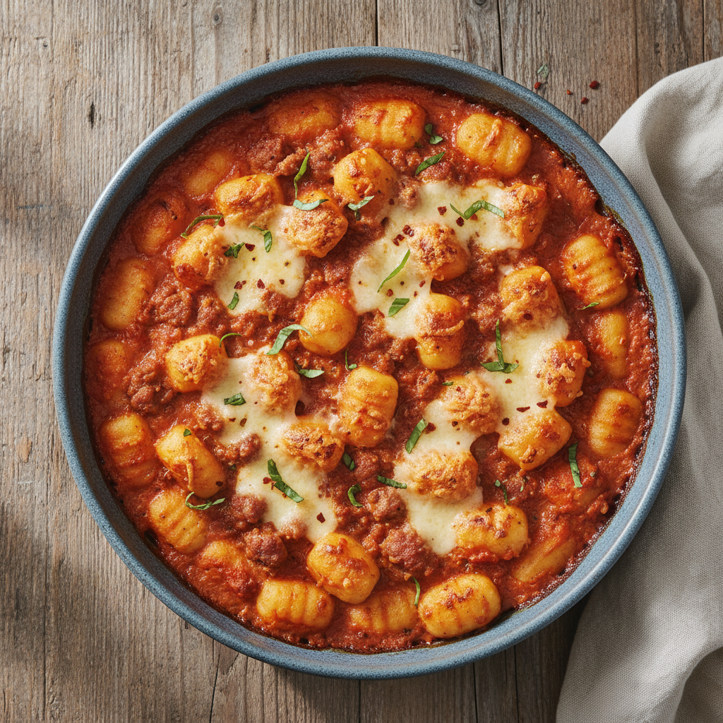 Creamy Tomato and Sausage Gnocchi Bake