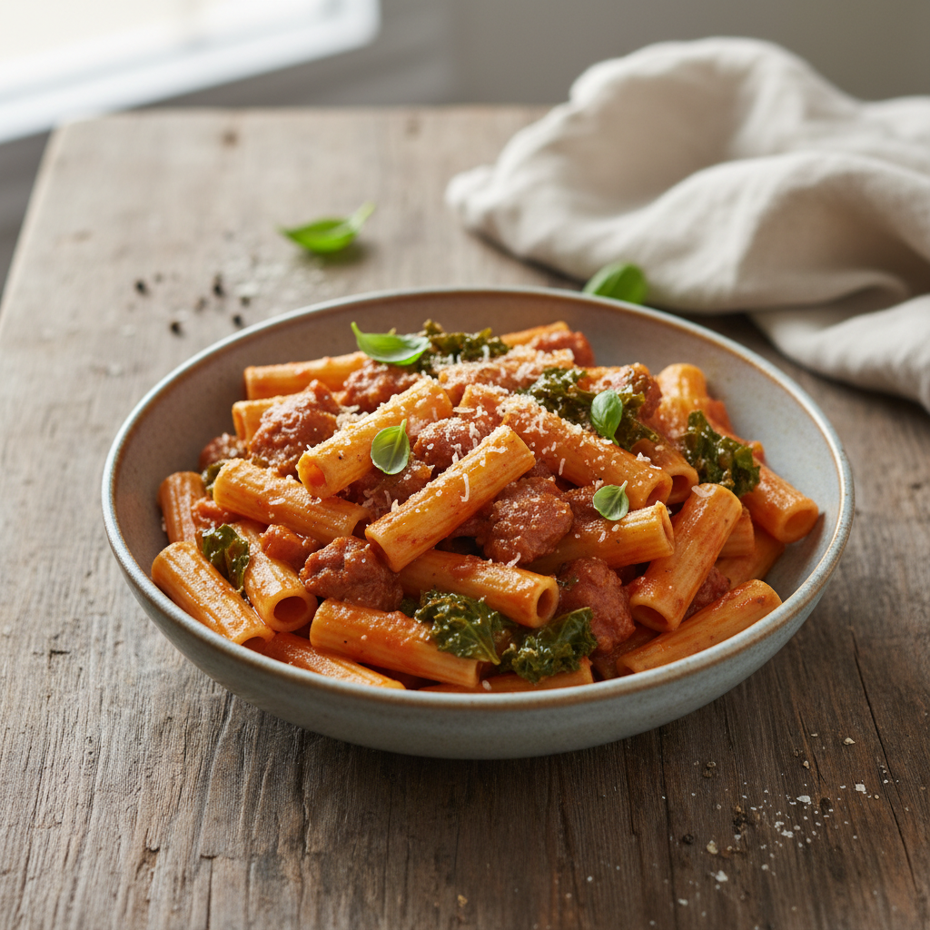 Creamy Tomato, Sausage, and Kale Pasta