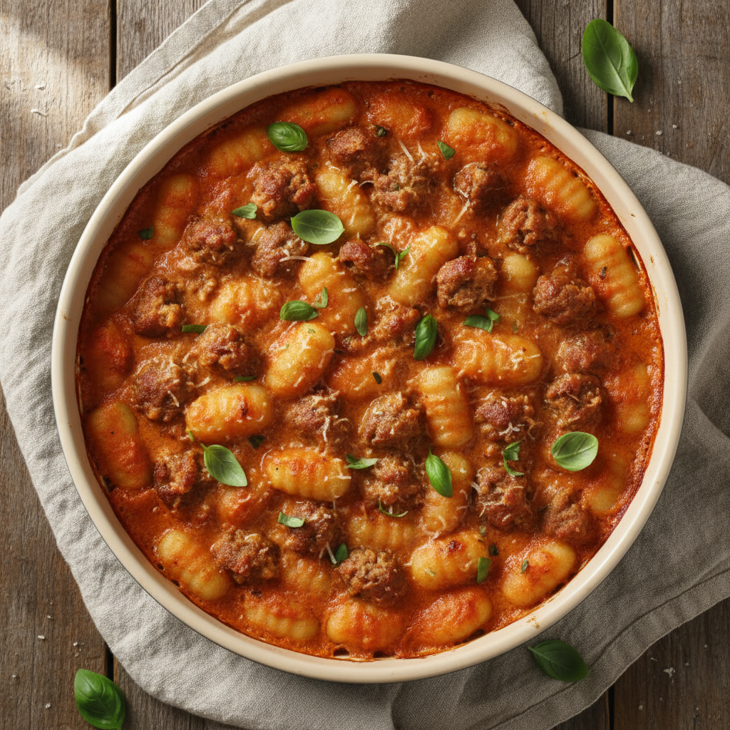 Creamy Tomato Sausage Gnocchi Bake