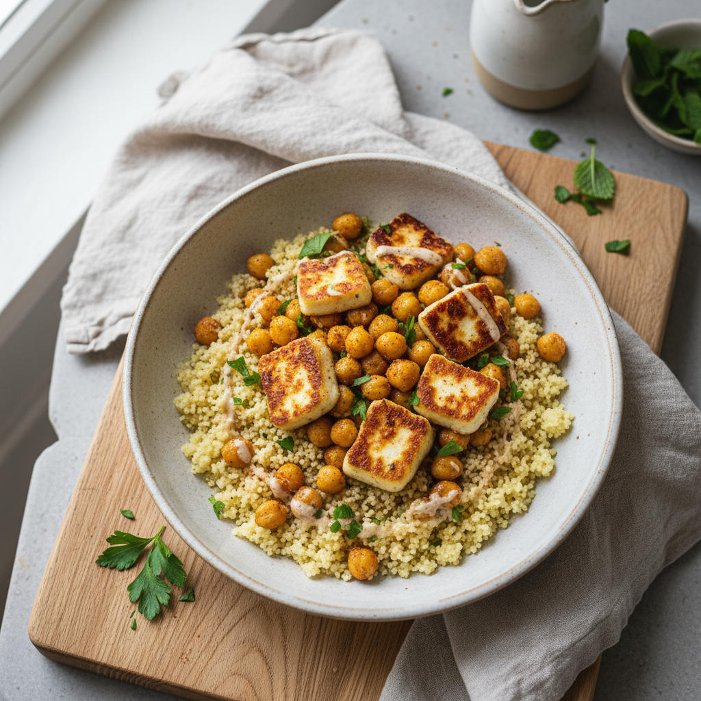 Crispy Chickpea & Halloumi Bowls