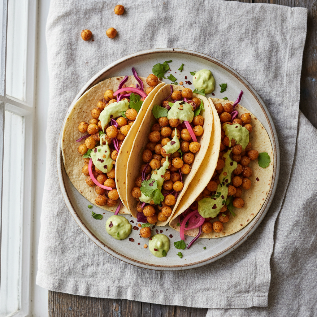 Crispy Chickpea Tacos with Creamy Avocado Sauce