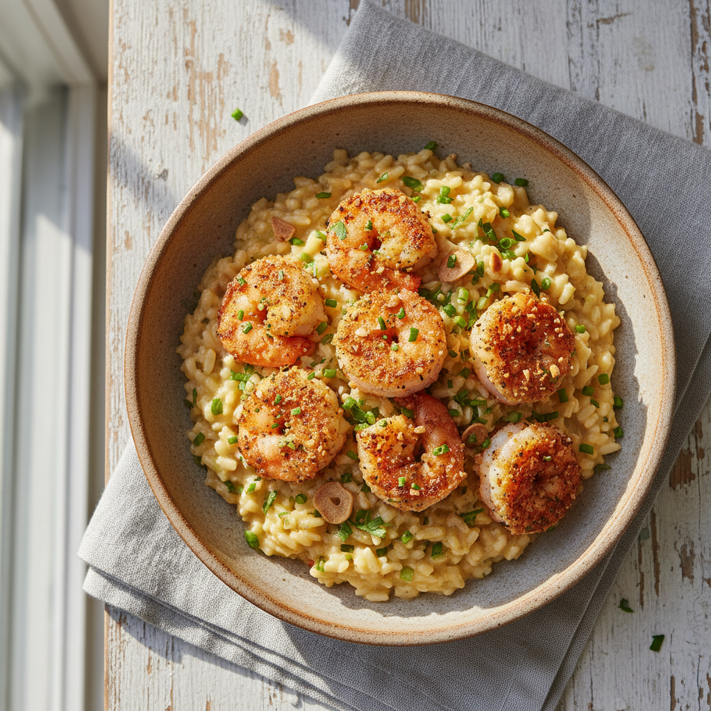 Crispy Garlic Butter Shrimp Risotto