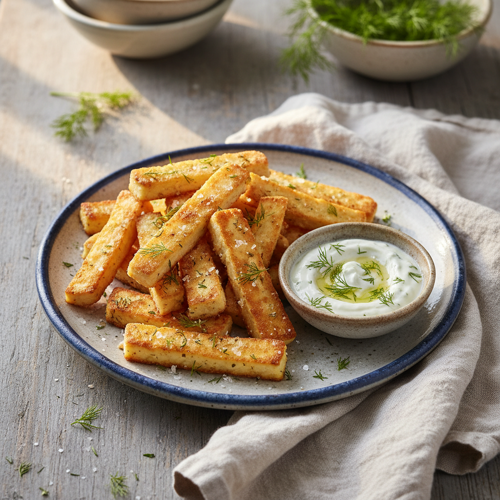 Crispy Halloumi Fries with Dill Yogurt