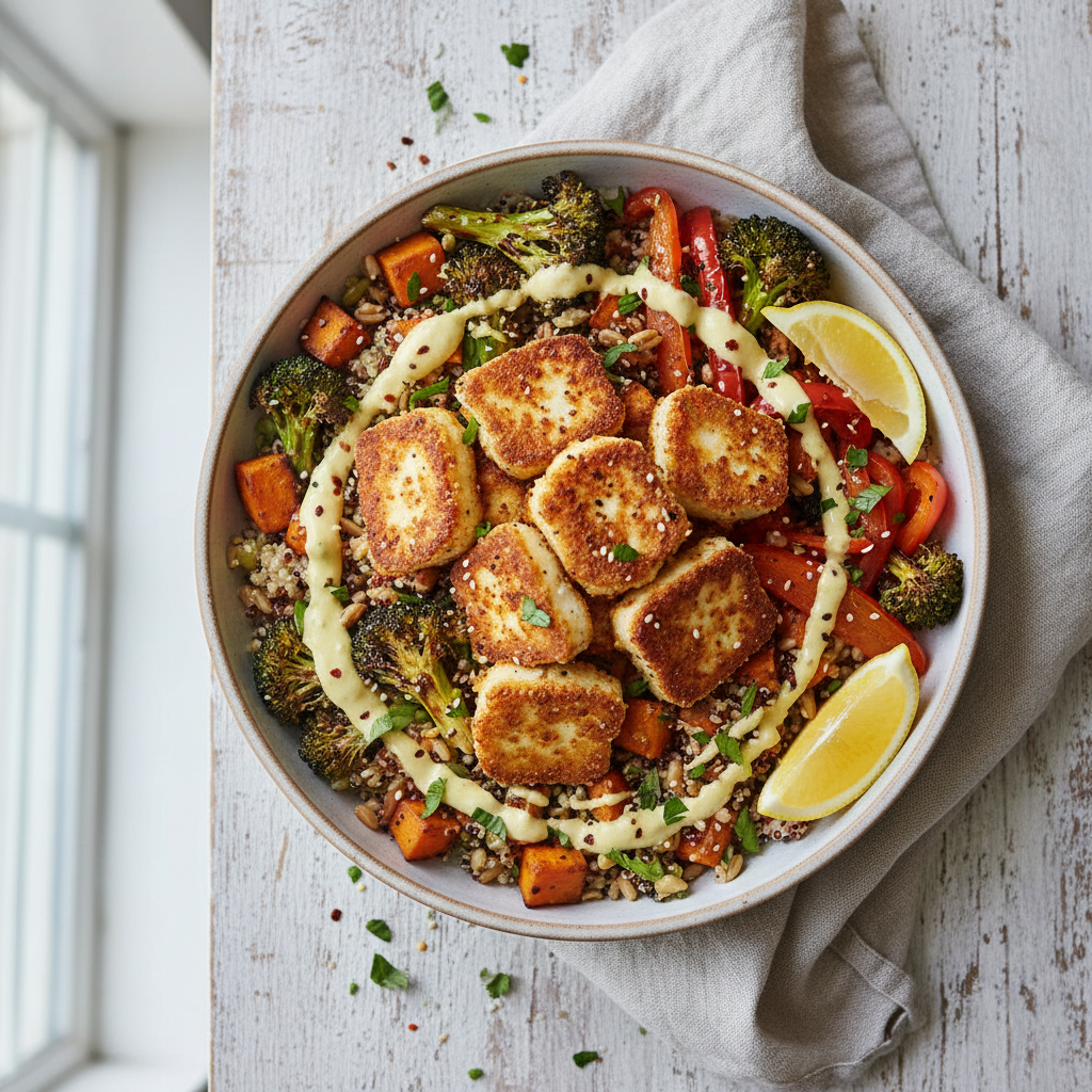 Crispy Halloumi Grain Bowls with Zesty Dressing