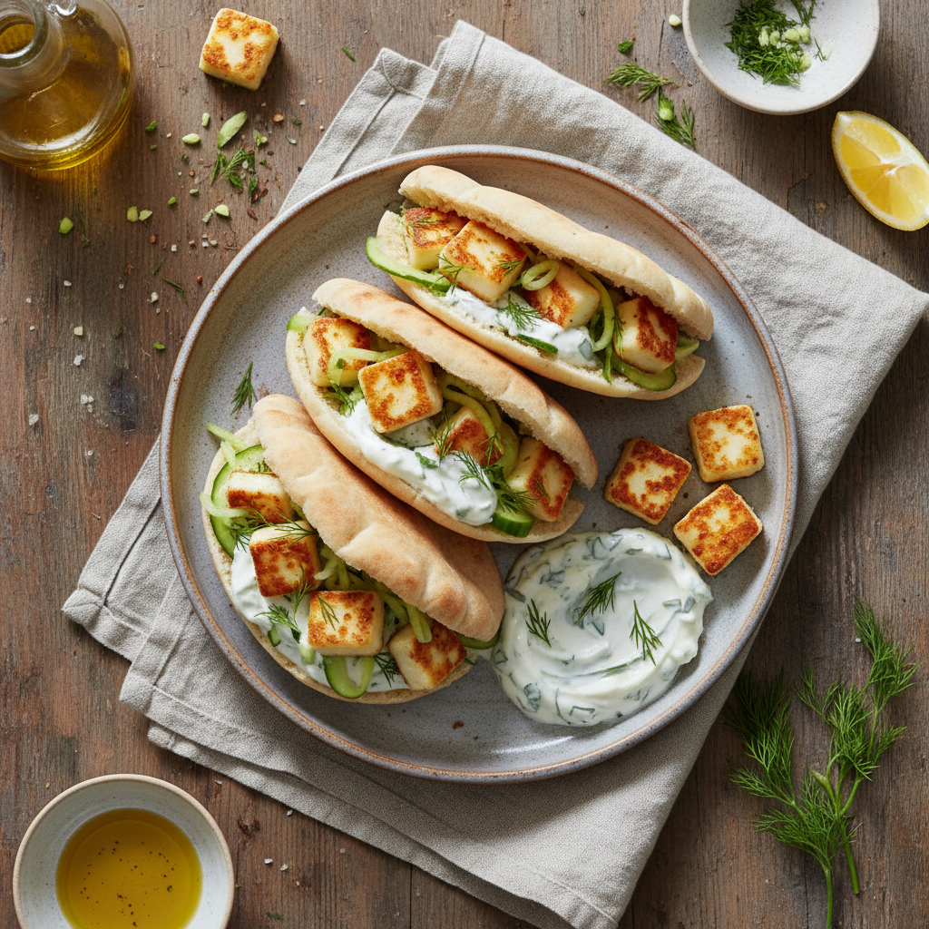 Crispy Halloumi Pitas with Tzatziki