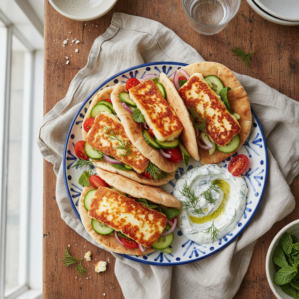 Crispy Halloumi Pitas with Tzatziki