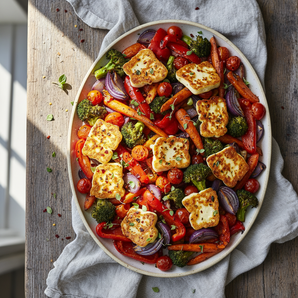 Crispy Halloumi Sheet Pan Veg