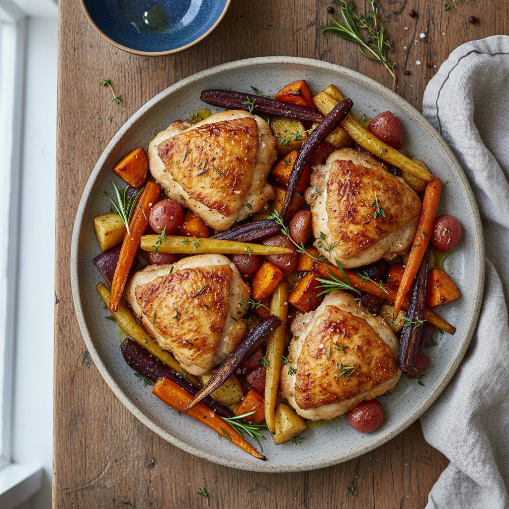 Crispy Oven-Baked Chicken Thighs with Root Veg