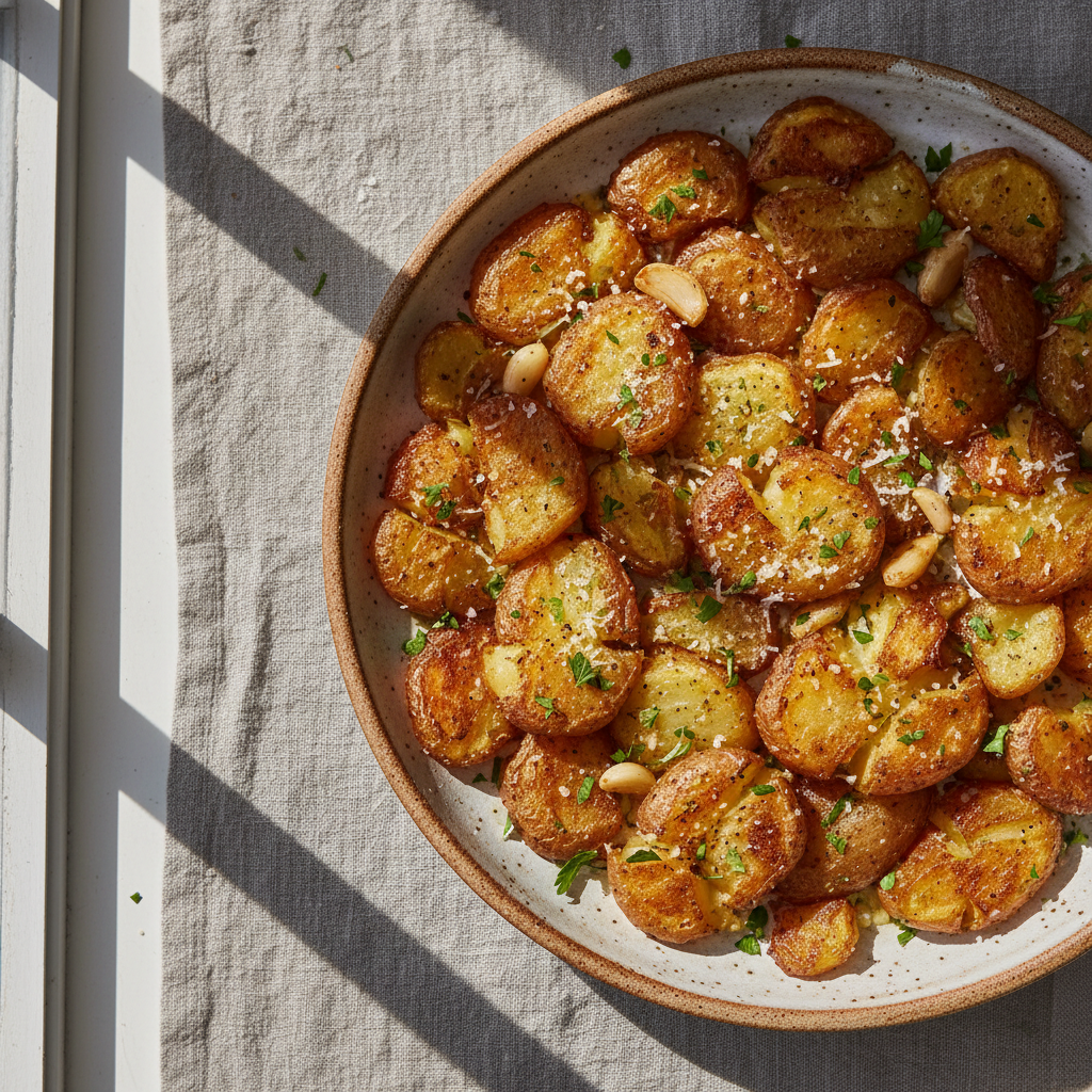 Crispy Smashed Potatoes with Garlic & Parm