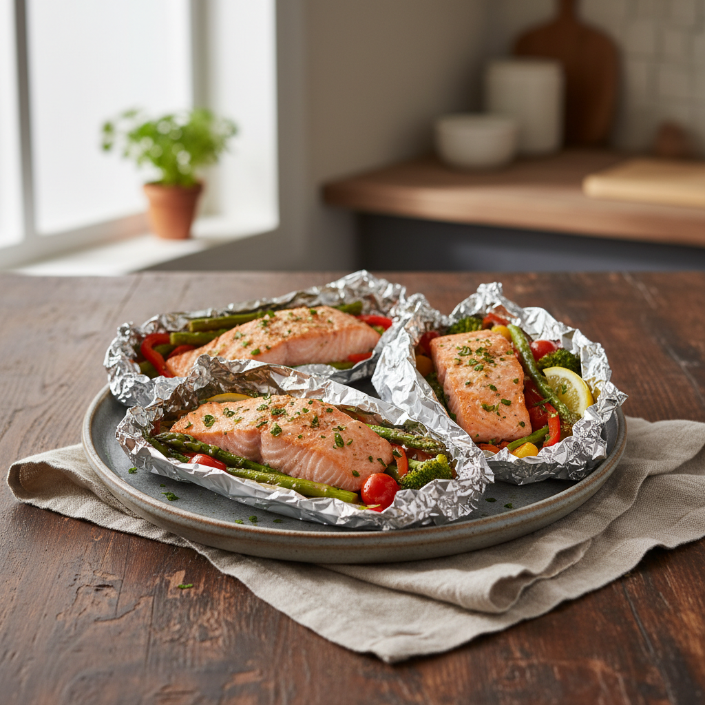 Garlic Butter Salmon & Veggie Foil Packets