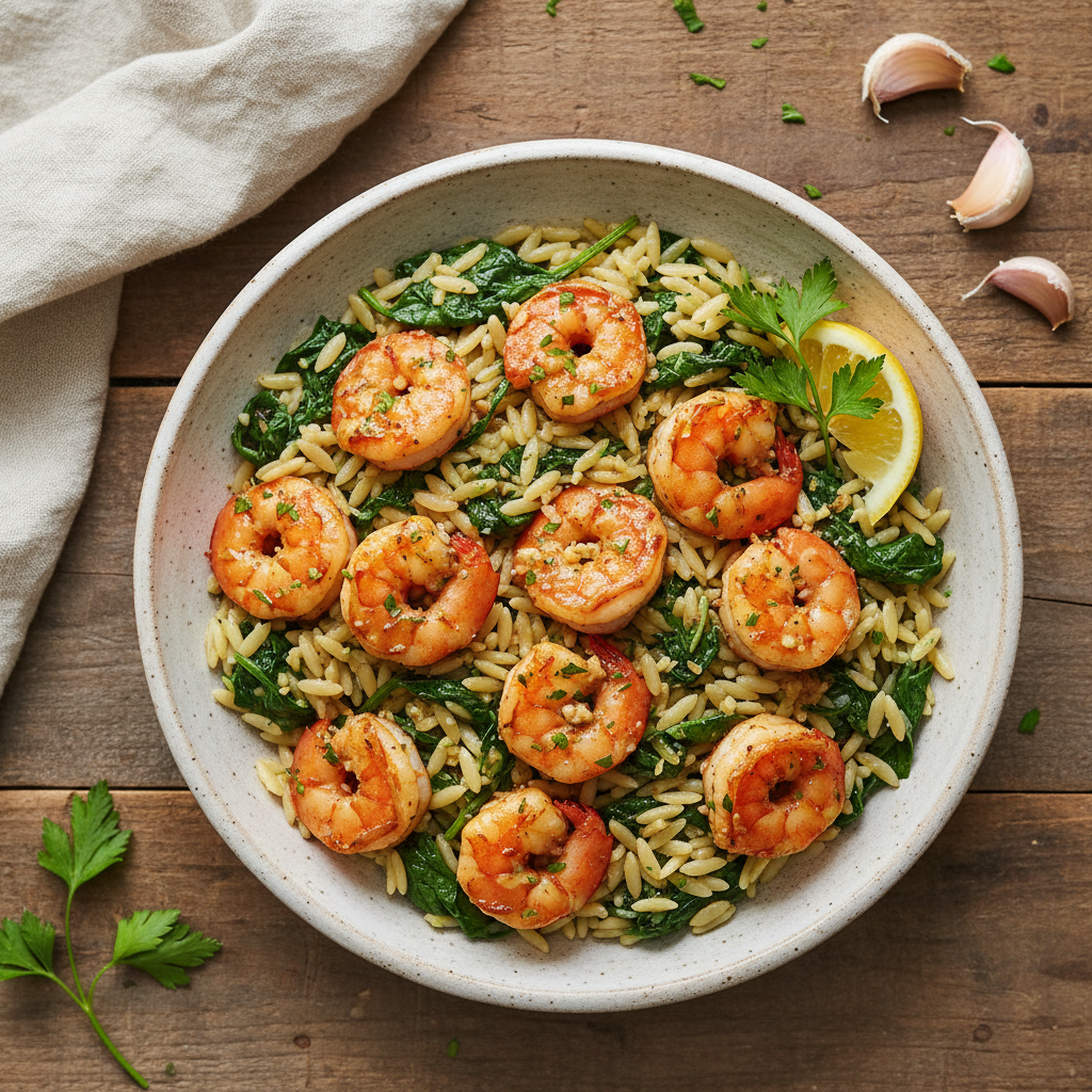 Garlic Butter Shrimp & Spinach Orzo