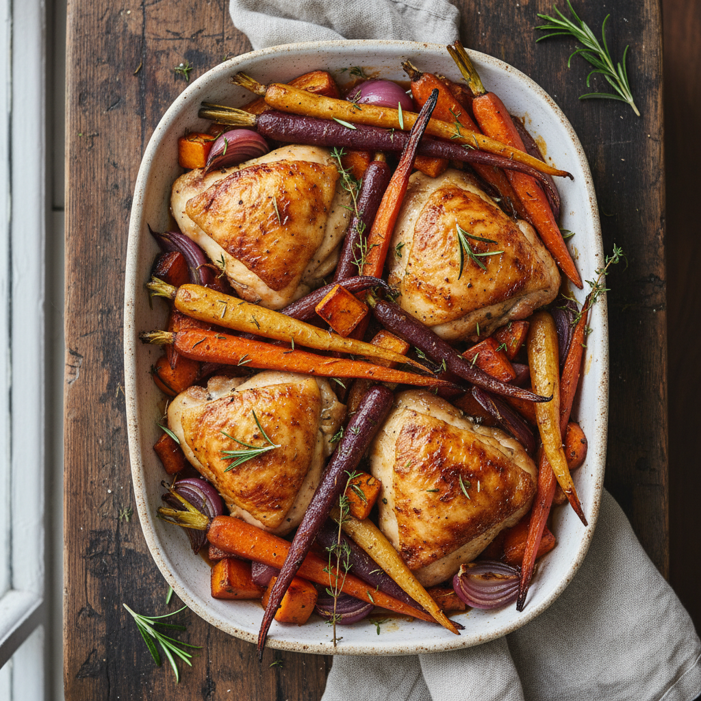 Golden Chicken Thighs with Roasted Root Veg
