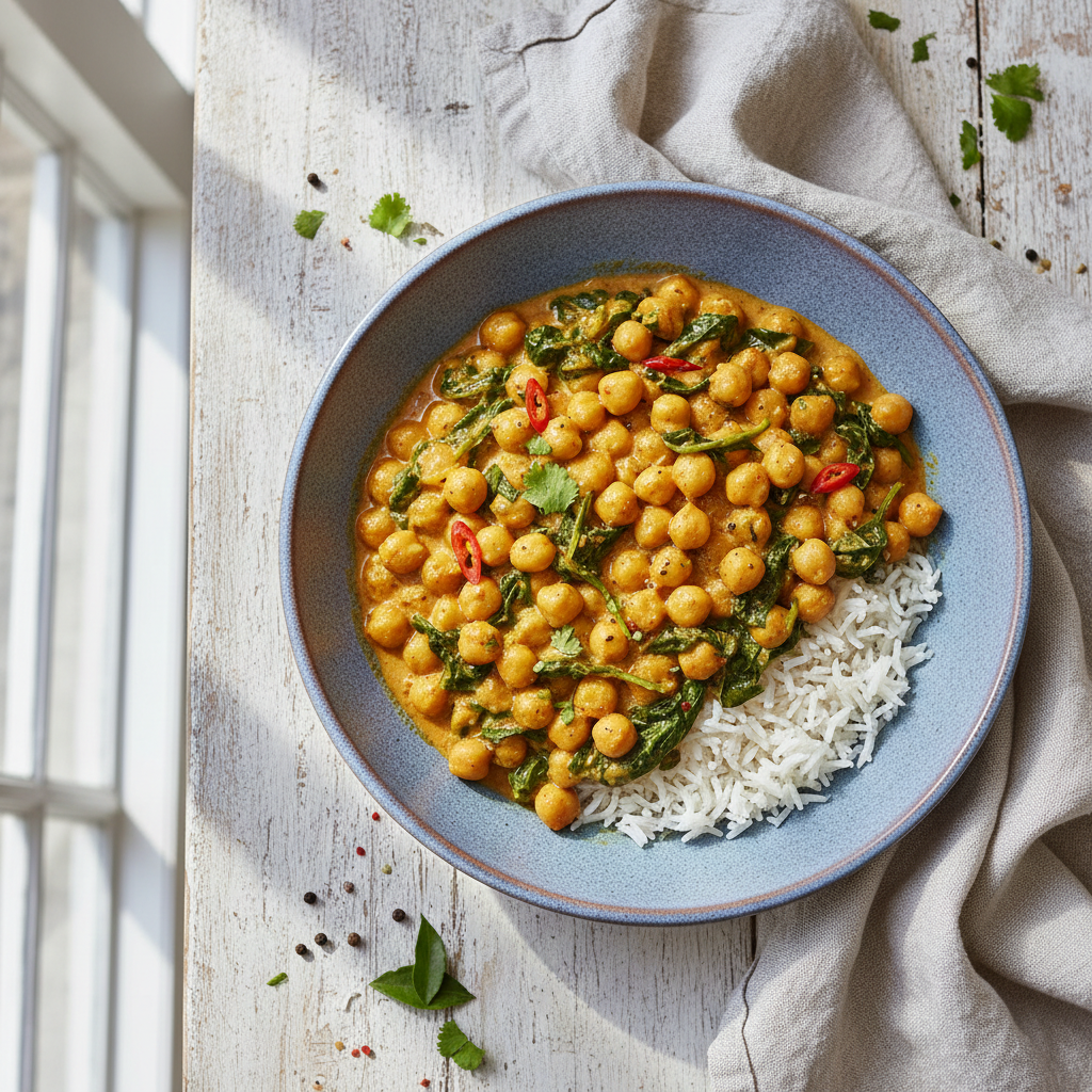 Golden Curried Chickpea and Spinach Skillet