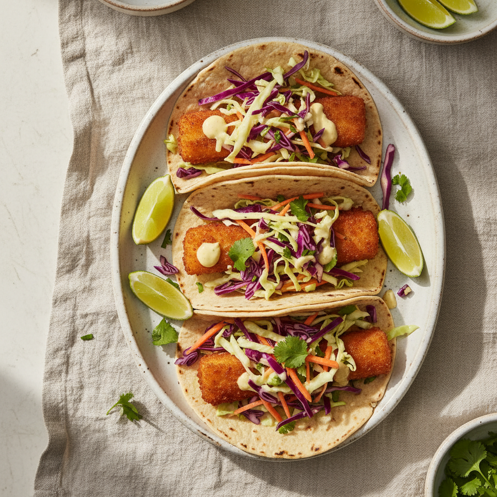 Golden Fish Stick Tacos with Slaw