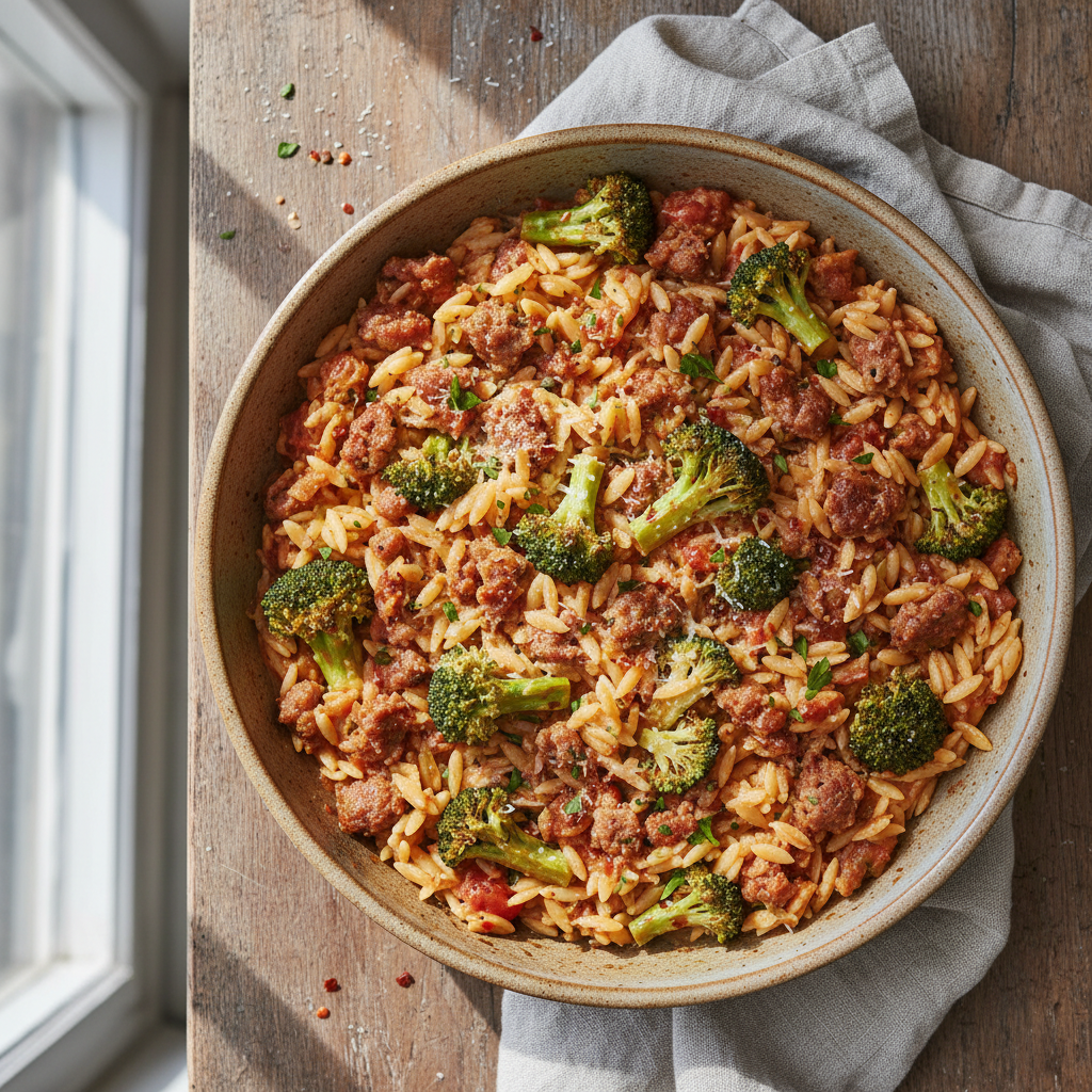 Hearty Sausage and Broccoli Orzo Skillet