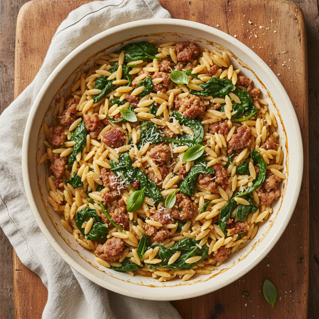 Hearty Sausage and Spinach Orzo Skillet