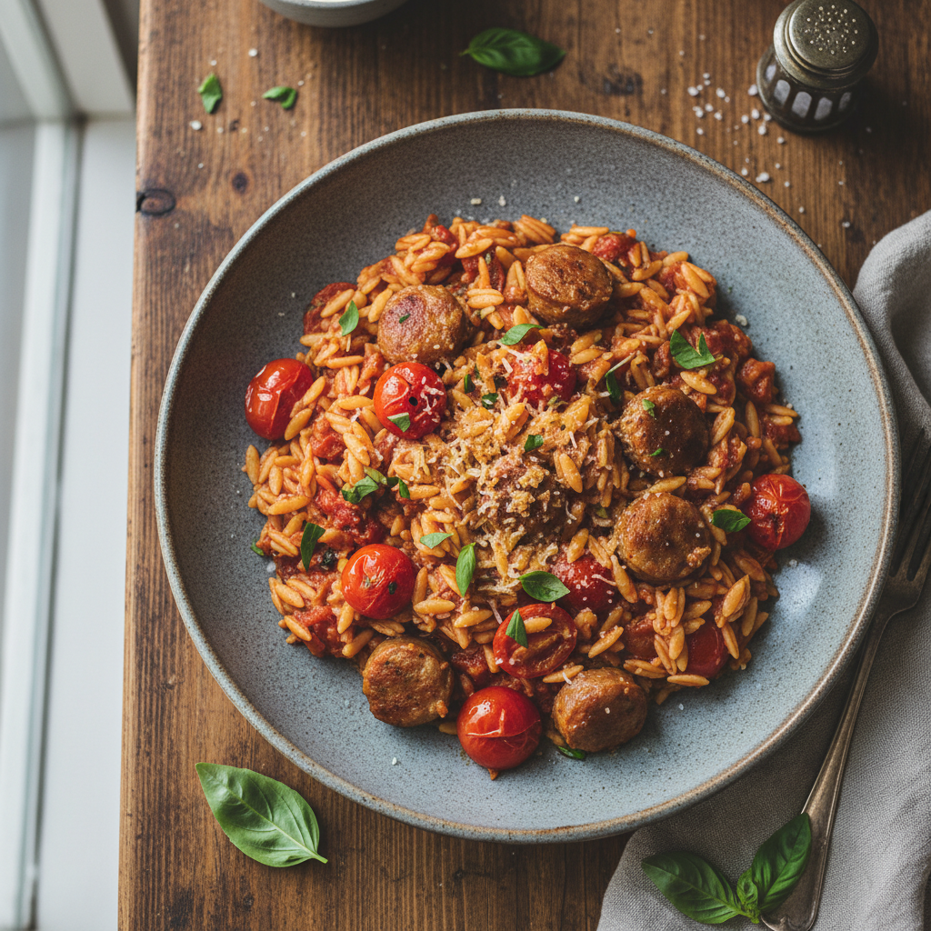 Hearty Sausage and Tomato Orzo Skillet