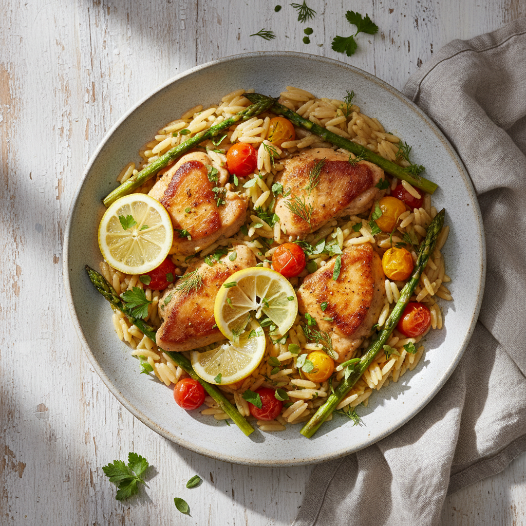 Lemon Herb Chicken and Orzo Skillet