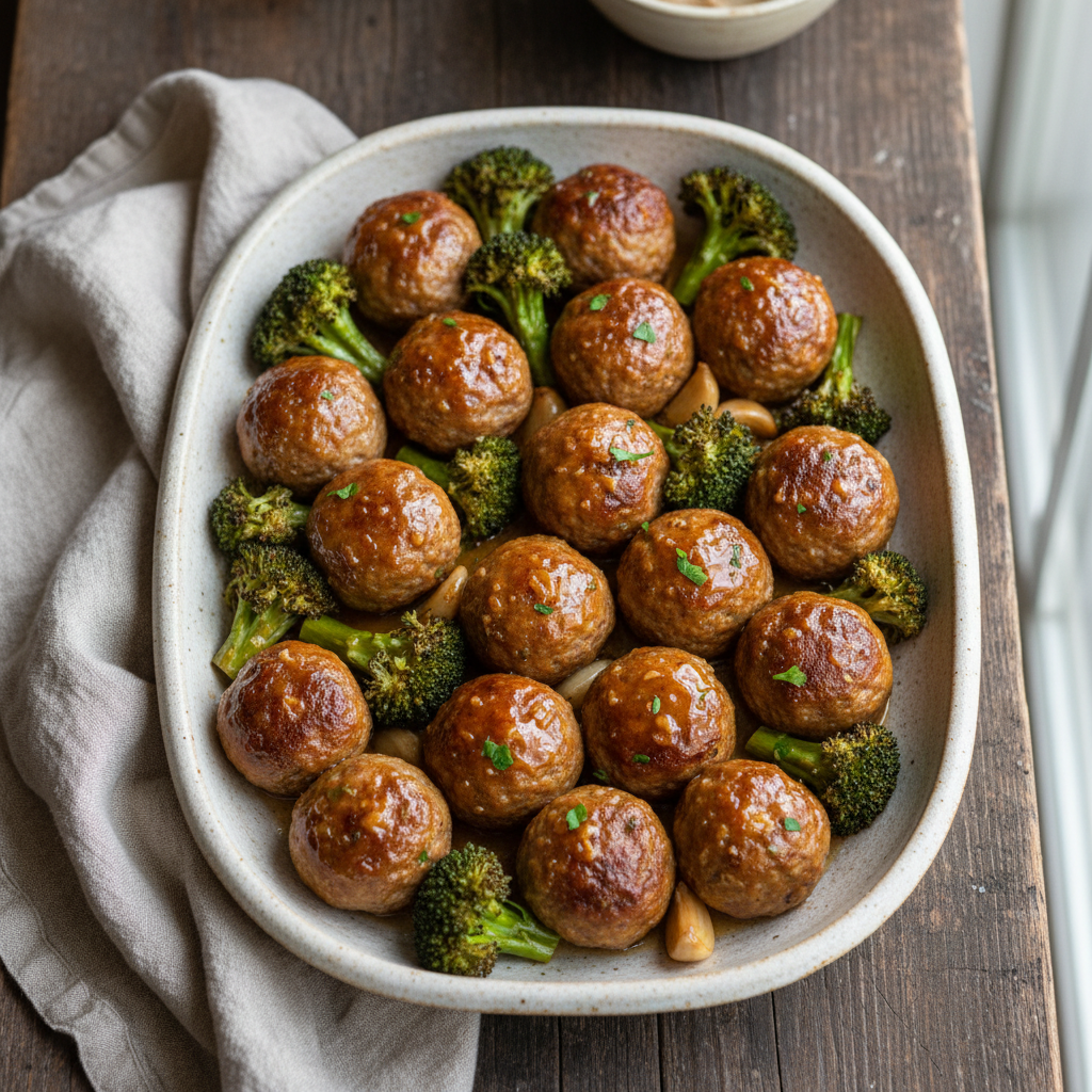 Oven-Baked Honey Garlic Meatballs & Broccoli