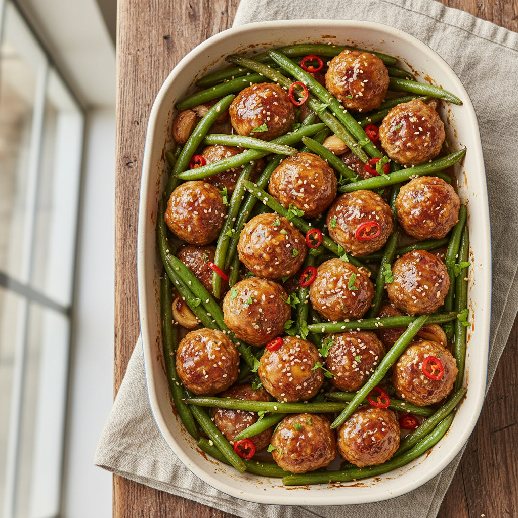 Oven-Baked Honey Garlic Meatballs & Green Beans
