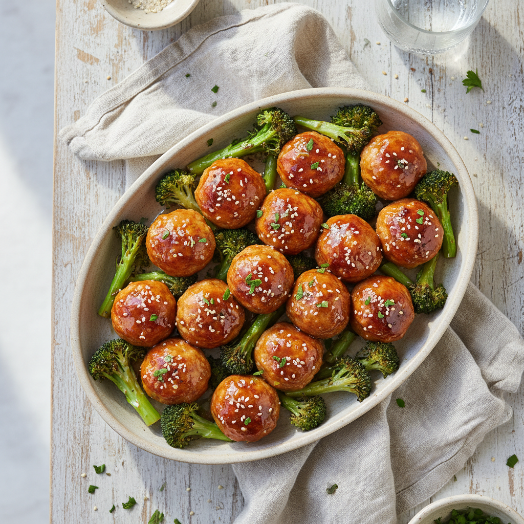Oven-Baked Honey Garlic Meatballs with Broccoli