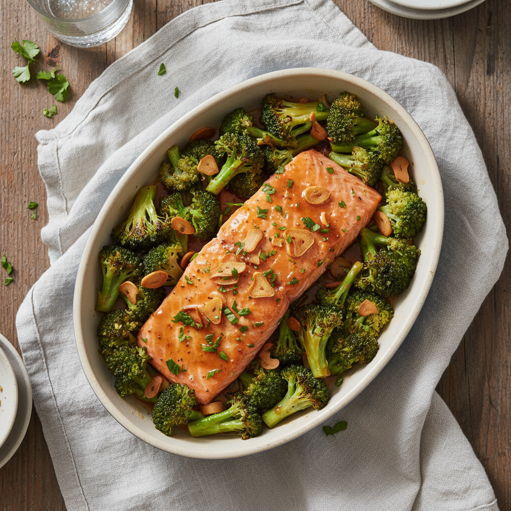 Oven-Baked Honey Garlic Salmon & Broccoli
