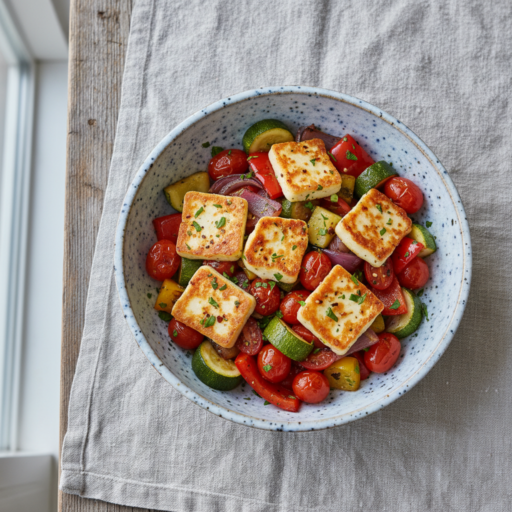 Oven Roasted Halloumi and Veggie Bowls