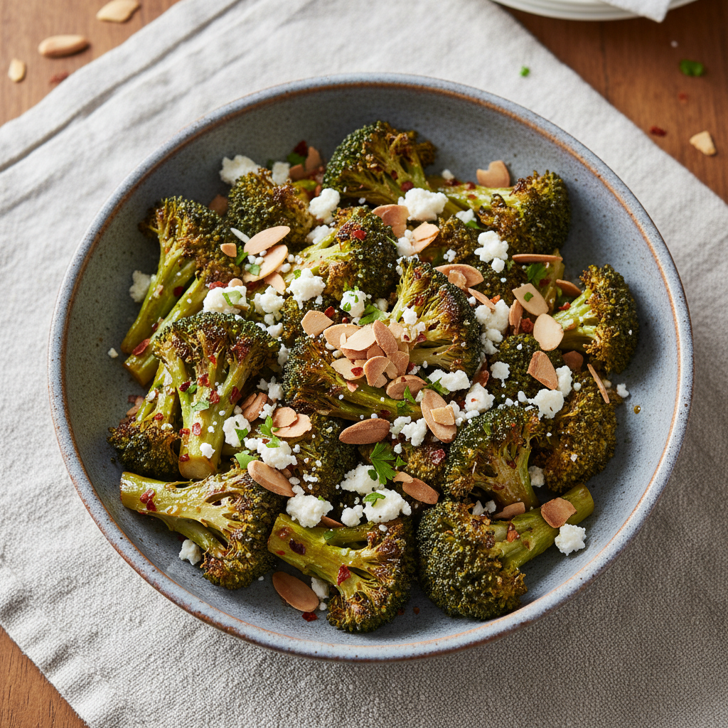 Roasted Broccoli with Toasted Almonds and Feta
