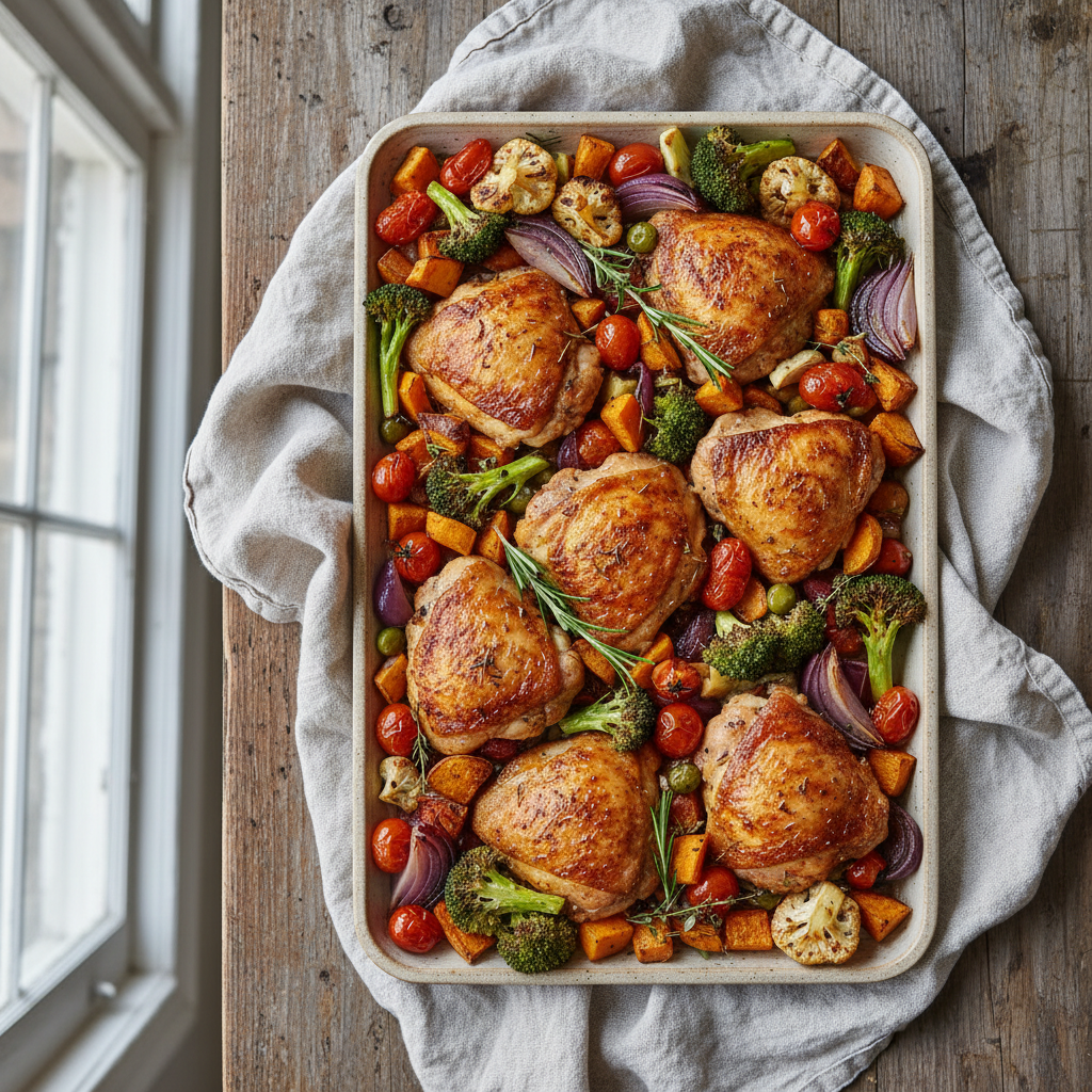 Sheet Pan Crispy Chicken Thighs & Roasted Veg