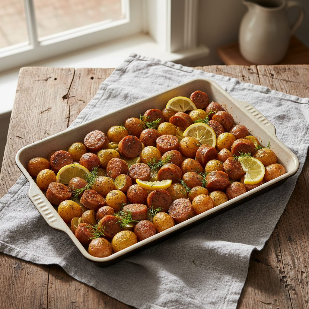 Sheet Pan Lemon Dill Chicken Sausage and Potatoes