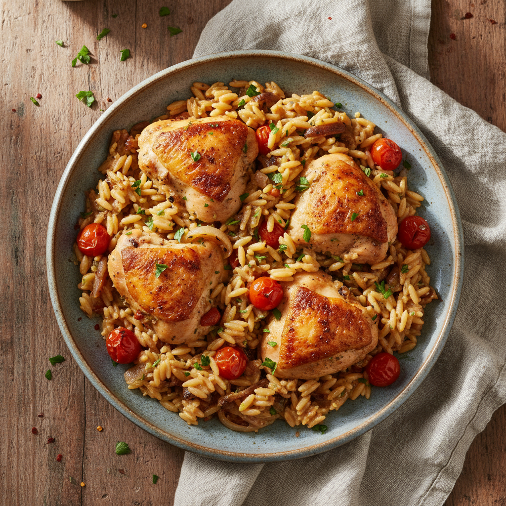 Skillet Chicken and Orzo Bake
