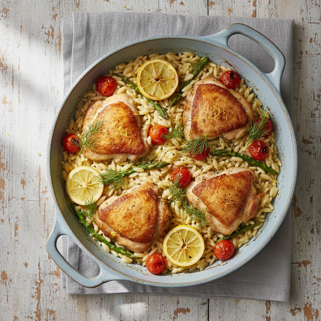 Speedy Lemon Dill Chicken and Orzo Skillet