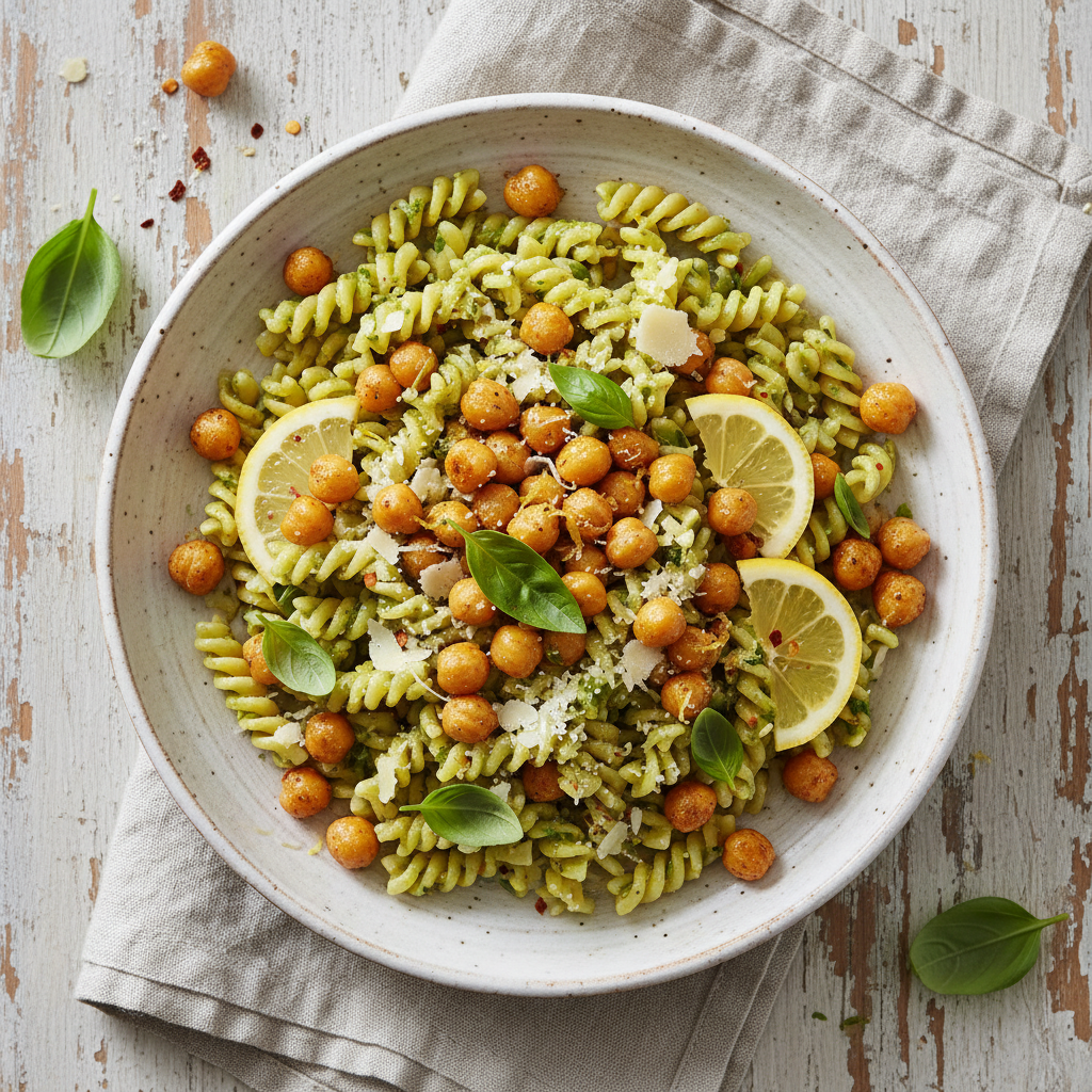 Speedy Lemon Pesto Pasta with Roasted Chickpeas