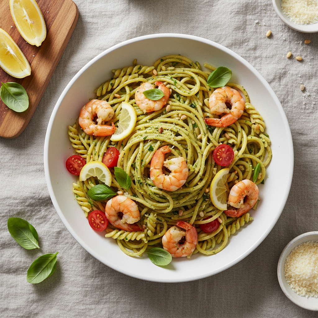 Speedy Lemon Pesto Pasta with Shrimp