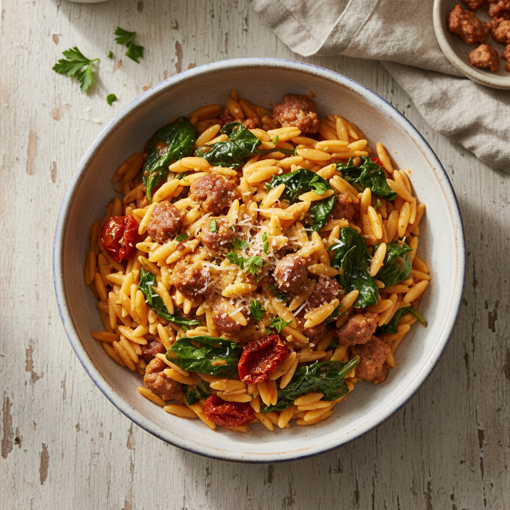 Speedy Sausage and Spinach Orzo Bowls