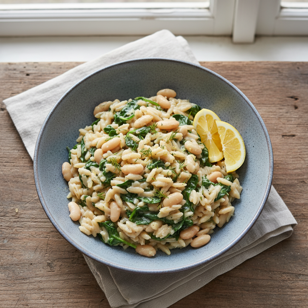 Speedy White Bean and Spinach Orzo